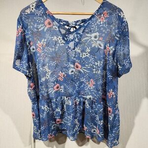 Cato Womens Plus 18/20W Blue Floral Chiffon Peplum Blouse Lace Up Back Top Sheer
